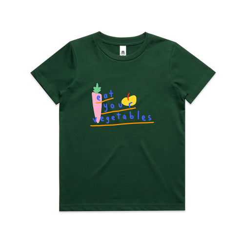 Eat Your Vegetables Kids Tee by Lonely Kids Club. All clothing from our T-shirts to our shorts and hoodies are ethically made, and printed packed and shipped from Sydney.