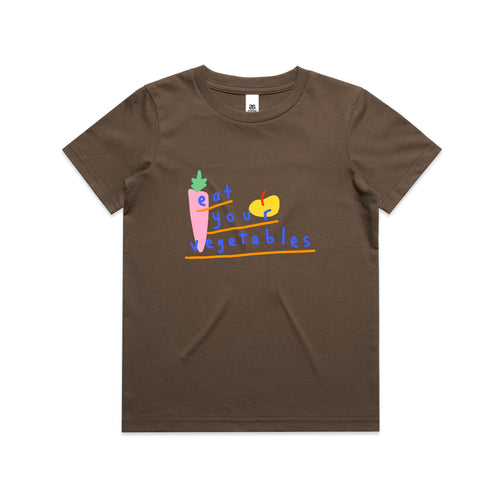 Eat Your Vegetables Kids Tee by Lonely Kids Club. All clothing from our T-shirts to our shorts and hoodies are ethically made, and printed packed and shipped from Sydney.
