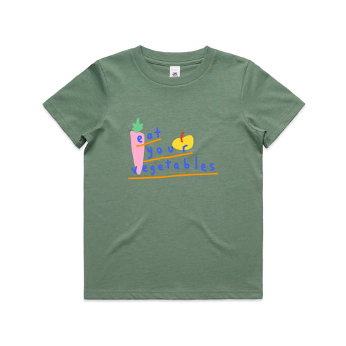 Eat Your Vegetables Kids Tee by Lonely Kids Club. All clothing from our T-shirts to our shorts and hoodies are ethically made, and printed packed and shipped from Sydney.