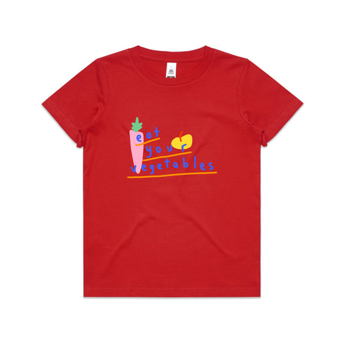 Eat Your Vegetables Kids Tee by Lonely Kids Club. All clothing from our T-shirts to our shorts and hoodies are ethically made, and printed packed and shipped from Sydney.
