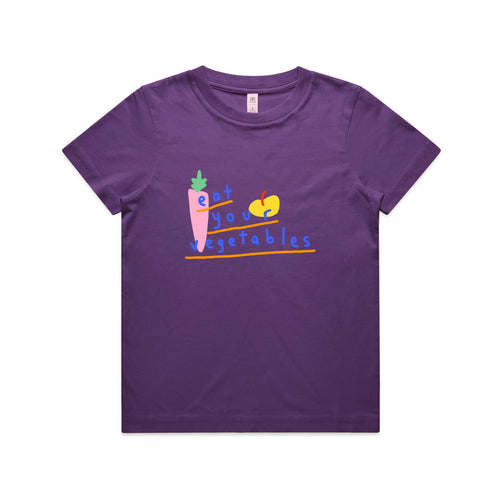 Eat Your Vegetables Kids Tee by Lonely Kids Club. All clothing from our T-shirts to our shorts and hoodies are ethically made, and printed packed and shipped from Sydney.