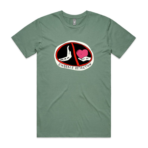 Embrace Rejection Tee by Lonely Kids Club. All clothing from our T-shirts to our shorts and hoodies are ethically made, and printed packed and shipped from Sydney.