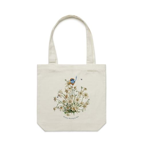 Emu Wren & Flowers Tote by Lonely Kids Club. All clothing from our T-shirts to our shorts and hoodies are ethically made, and printed packed and shipped from Sydney.