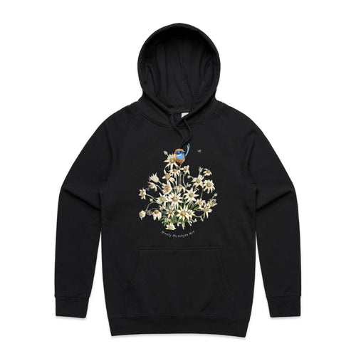 Emu Wren & Blossom Hoodie by Lonely Kids Club. All clothing from our T-shirts to our shorts and hoodies are ethically made, and printed packed and shipped from Sydney.