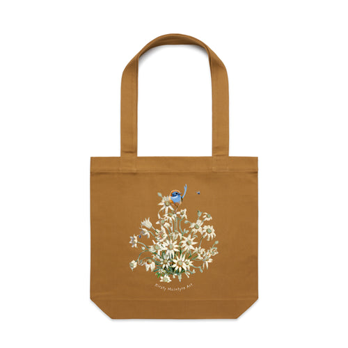 Emu Wren & Flowers Tote by Lonely Kids Club. All clothing from our T-shirts to our shorts and hoodies are ethically made, and printed packed and shipped from Sydney.