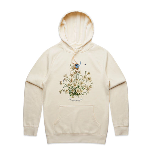 Emu Wren & Blossom Hoodie by Lonely Kids Club. All clothing from our T-shirts to our shorts and hoodies are ethically made, and printed packed and shipped from Sydney.