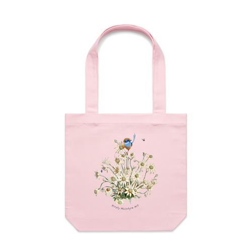 Emu Wren & Flowers Tote by Lonely Kids Club. All clothing from our T-shirts to our shorts and hoodies are ethically made, and printed packed and shipped from Sydney.