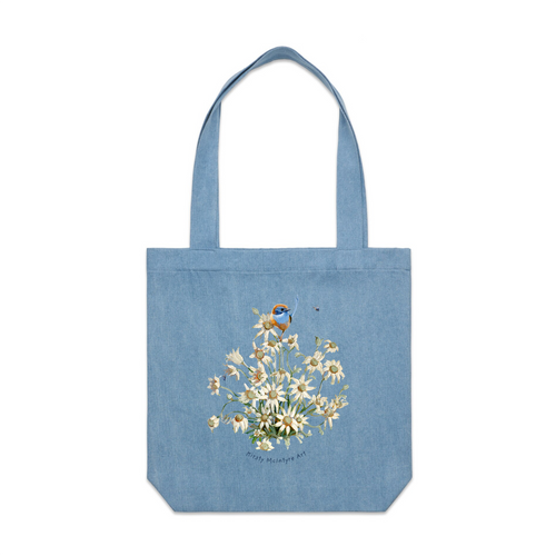 Emu Wren & Flowers Tote by Lonely Kids Club. All clothing from our T-shirts to our shorts and hoodies are ethically made, and printed packed and shipped from Sydney.