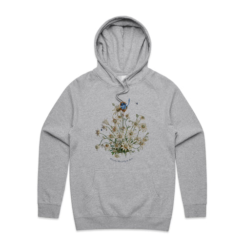 Emu Wren & Blossom Hoodie by Lonely Kids Club. All clothing from our T-shirts to our shorts and hoodies are ethically made, and printed packed and shipped from Sydney.