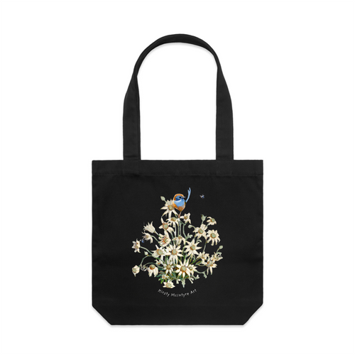 Emu Wren & Flowers Tote by Lonely Kids Club. All clothing from our T-shirts to our shorts and hoodies are ethically made, and printed packed and shipped from Sydney.