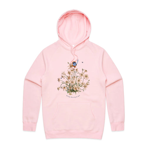 Emu Wren & Blossom Hoodie by Lonely Kids Club. All clothing from our T-shirts to our shorts and hoodies are ethically made, and printed packed and shipped from Sydney.