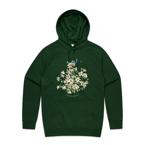 Emu Wren & Blossom Hoodie by Lonely Kids Club. All clothing from our T-shirts to our shorts and hoodies are ethically made, and printed packed and shipped from Sydney.