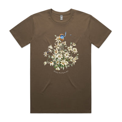 Emu Wren & Flowers Tee by Lonely Kids Club. All clothing from our T-shirts to our shorts and hoodies are ethically made, and printed packed and shipped from Sydney.