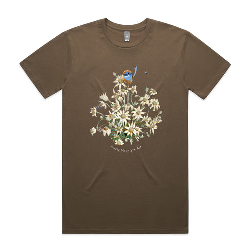 Emu Wren & Flowers Tee by Lonely Kids Club. All clothing from our T-shirts to our shorts and hoodies are ethically made, and printed packed and shipped from Sydney.