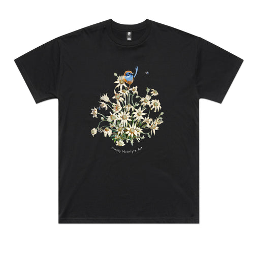 Emu Wren & Flowers Tee by Lonely Kids Club. All clothing from our T-shirts to our shorts and hoodies are ethically made, and printed packed and shipped from Sydney.