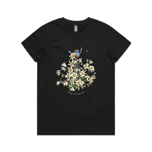 Emu Wren & Flowers Tee by Lonely Kids Club. All clothing from our T-shirts to our shorts and hoodies are ethically made, and printed packed and shipped from Sydney.
