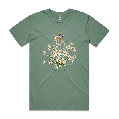 Emu Wren & Flowers Tee by Lonely Kids Club. All clothing from our T-shirts to our shorts and hoodies are ethically made, and printed packed and shipped from Sydney.