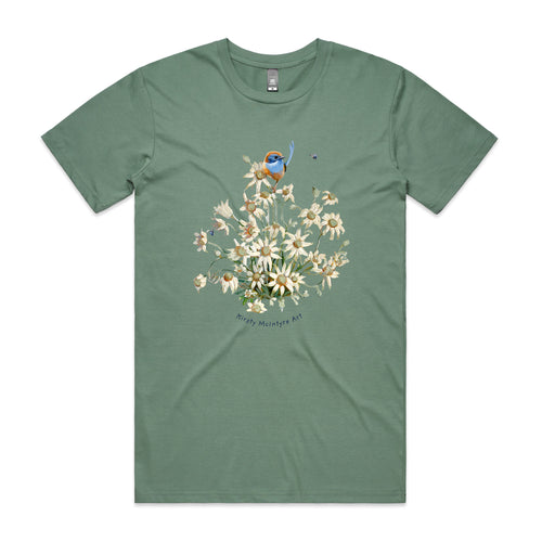 Emu Wren & Flowers Tee by Lonely Kids Club. All clothing from our T-shirts to our shorts and hoodies are ethically made, and printed packed and shipped from Sydney.