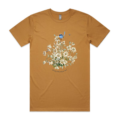 Emu Wren & Flowers Tee by Lonely Kids Club. All clothing from our T-shirts to our shorts and hoodies are ethically made, and printed packed and shipped from Sydney.