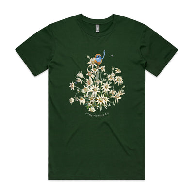 Emu Wren & Flowers Tee by Lonely Kids Club. All clothing from our T-shirts to our shorts and hoodies are ethically made, and printed packed and shipped from Sydney.
