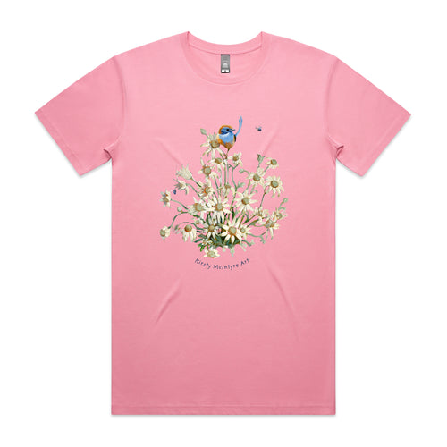 Emu Wren & Flowers Tee by Lonely Kids Club. All clothing from our T-shirts to our shorts and hoodies are ethically made, and printed packed and shipped from Sydney.