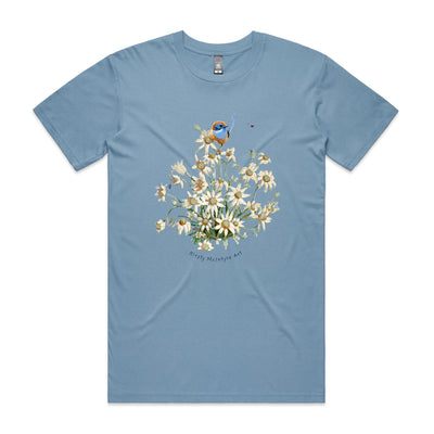 Emu Wren & Flowers Tee by Lonely Kids Club. All clothing from our T-shirts to our shorts and hoodies are ethically made, and printed packed and shipped from Sydney.