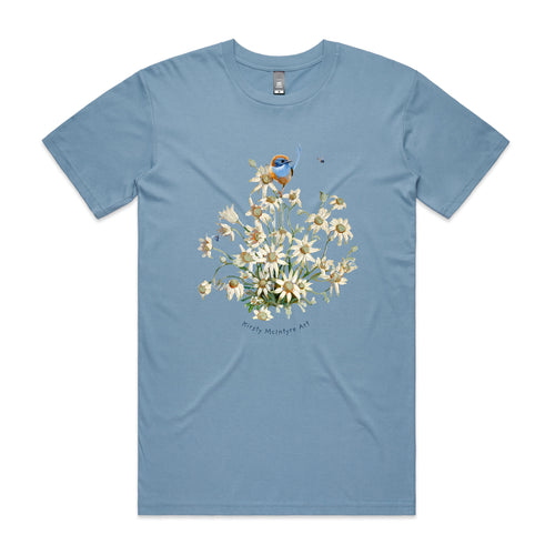 Emu Wren & Flowers Tee by Lonely Kids Club. All clothing from our T-shirts to our shorts and hoodies are ethically made, and printed packed and shipped from Sydney.