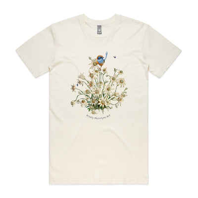 Emu Wren & Flowers Tee by Lonely Kids Club. All clothing from our T-shirts to our shorts and hoodies are ethically made, and printed packed and shipped from Sydney.