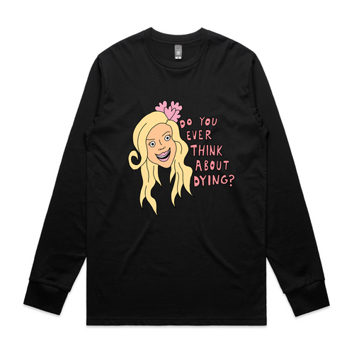 Ever Think About Dying? Tee by Lonely Kids Club. All clothing from our T-shirts to our shorts and hoodies are ethically made, and printed packed and shipped from Sydney.
