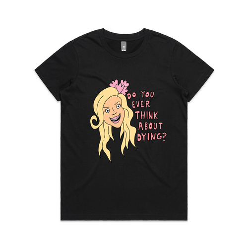 Ever Think About Dying? Tee by Lonely Kids Club. All clothing from our T-shirts to our shorts and hoodies are ethically made, and printed packed and shipped from Sydney.