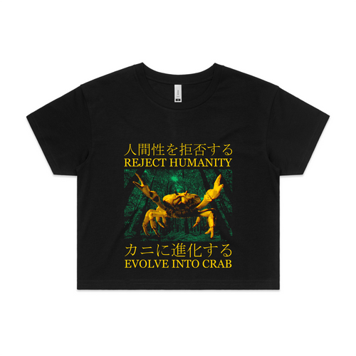 Evolve Into Crab Tee by Lonely Kids Club. All clothing from our T-shirts to our shorts and hoodies are ethically made, and printed packed and shipped from Sydney.