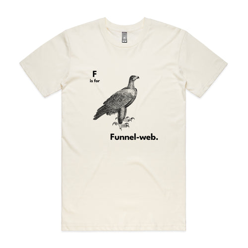 F Is For Funnel Web Tee by Lonely Kids Club. All clothing from our T-shirts to our shorts and hoodies are ethically made, and printed packed and shipped from Sydney.