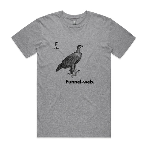 F Is For Funnel Web Tee by Lonely Kids Club. All clothing from our T-shirts to our shorts and hoodies are ethically made, and printed packed and shipped from Sydney.