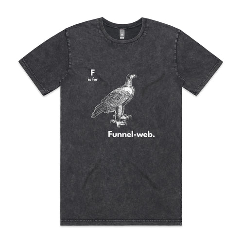 F Is For Funnel Web Tee by Lonely Kids Club. All clothing from our T-shirts to our shorts and hoodies are ethically made, and printed packed and shipped from Sydney.