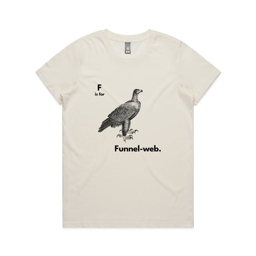 F Is For Funnel Web Tee by Lonely Kids Club. All clothing from our T-shirts to our shorts and hoodies are ethically made, and printed packed and shipped from Sydney.