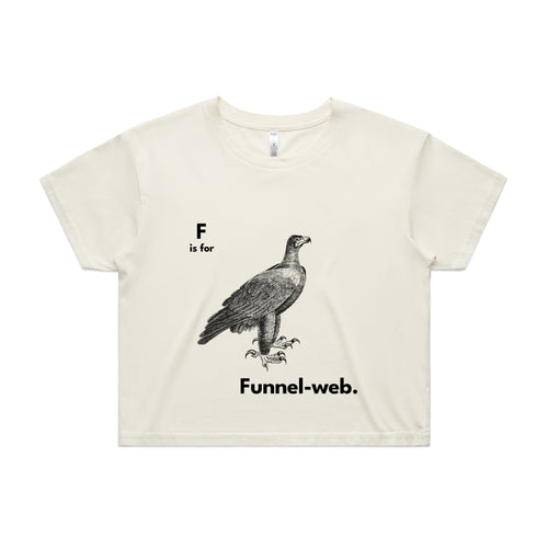 F Is For Funnel Web Tee by Lonely Kids Club. All clothing from our T-shirts to our shorts and hoodies are ethically made, and printed packed and shipped from Sydney.