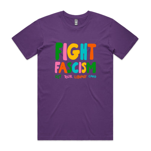 Purple t-shirt with colorful text 'FIGHT FASCISM' on a white background