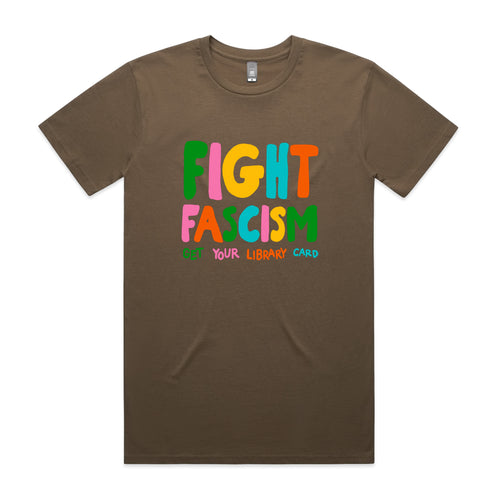 Brown t-shirt with colorful 'Fight Fascism' text on a white background