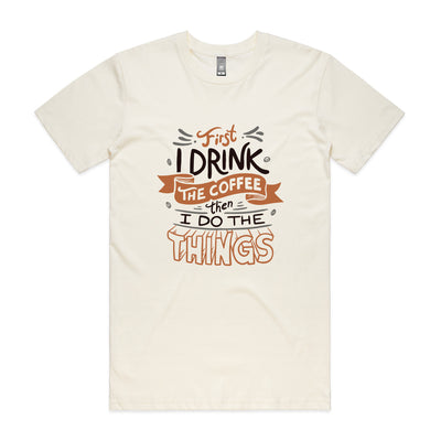 First The Coffee Tee by Lonely Kids Club. All clothing from our T-shirts to our shorts and hoodies are ethically made, and printed packed and shipped from Sydney.