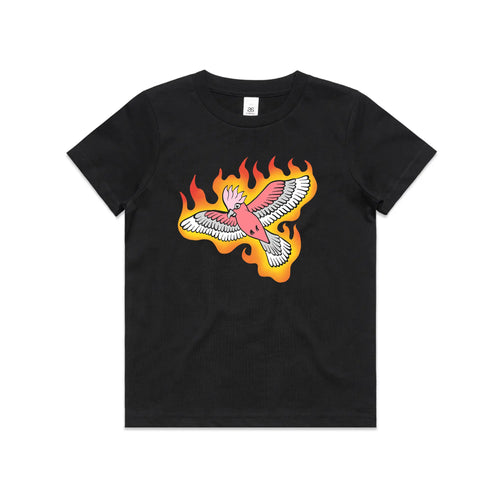 Flamin' Galah Kids Tee by Lonely Kids Club. All clothing from our T-shirts to our shorts and hoodies are ethically made, and printed packed and shipped from Sydney.