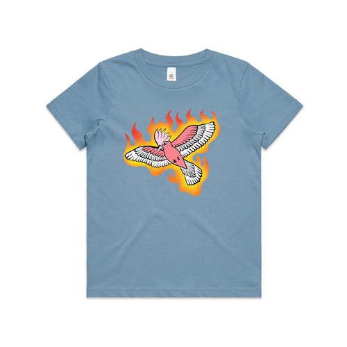 Flamin' Galah Kids Tee by Lonely Kids Club. All clothing from our T-shirts to our shorts and hoodies are ethically made, and printed packed and shipped from Sydney.
