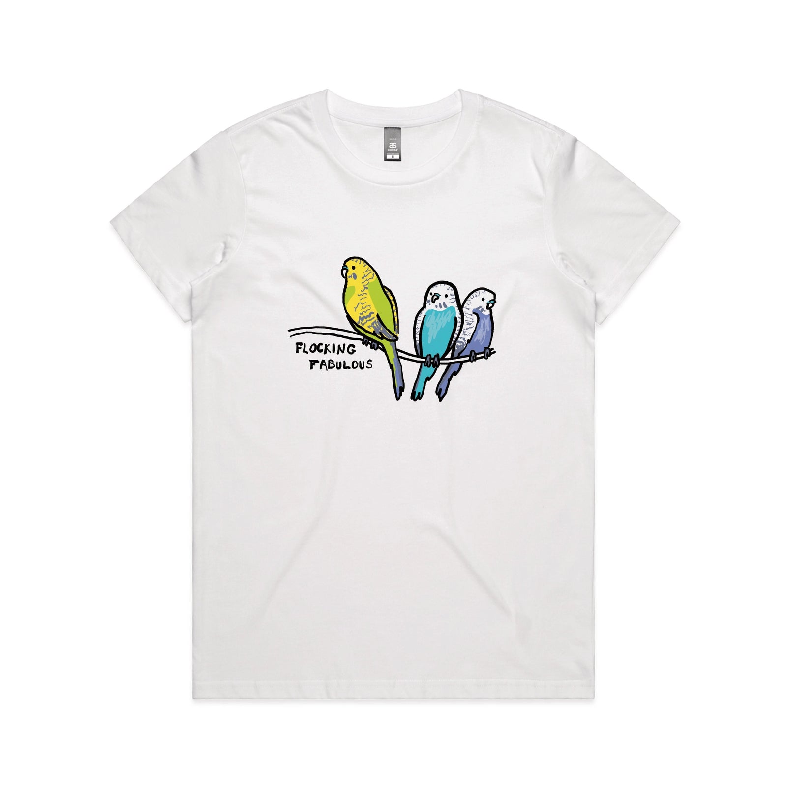 White fitted womens t-shirt with Flocking Fabulous graphic by Lonely Kids Club