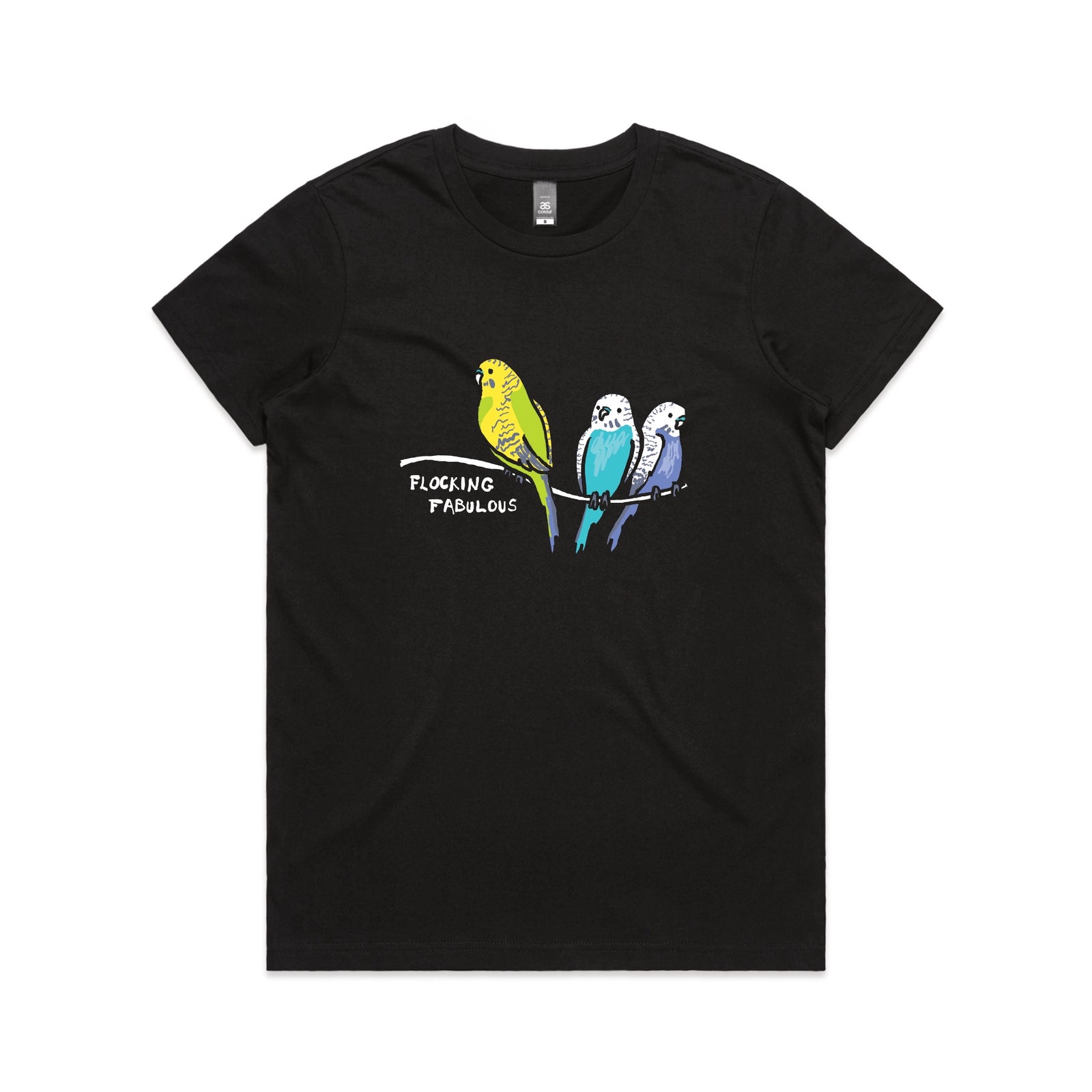 Black fitted womens t-shirt with Flocking Fabulous graphic by Lonely Kids Club