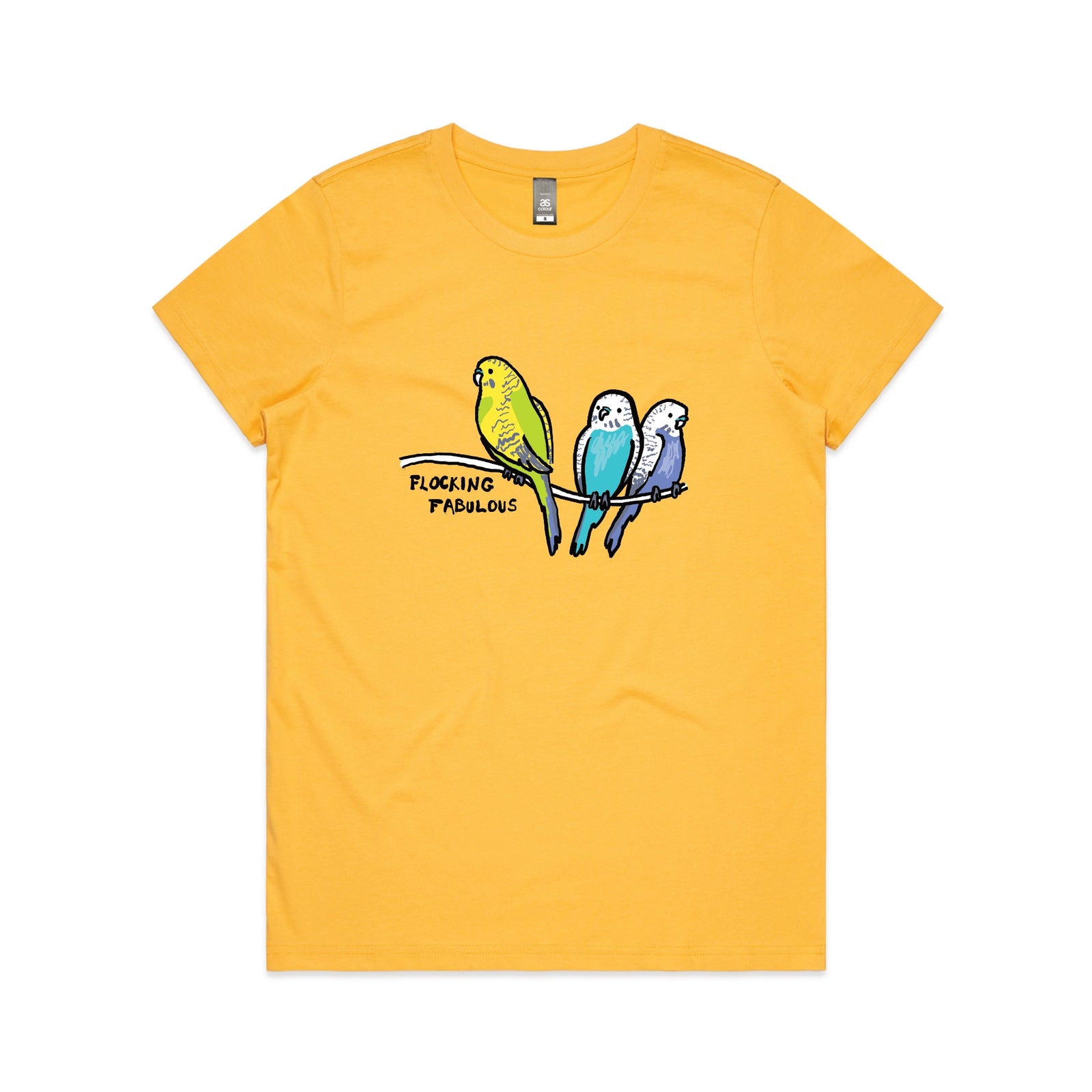 Yellow fitted womens t-shirt with Flocking Fabulous graphic by Lonely Kids Club