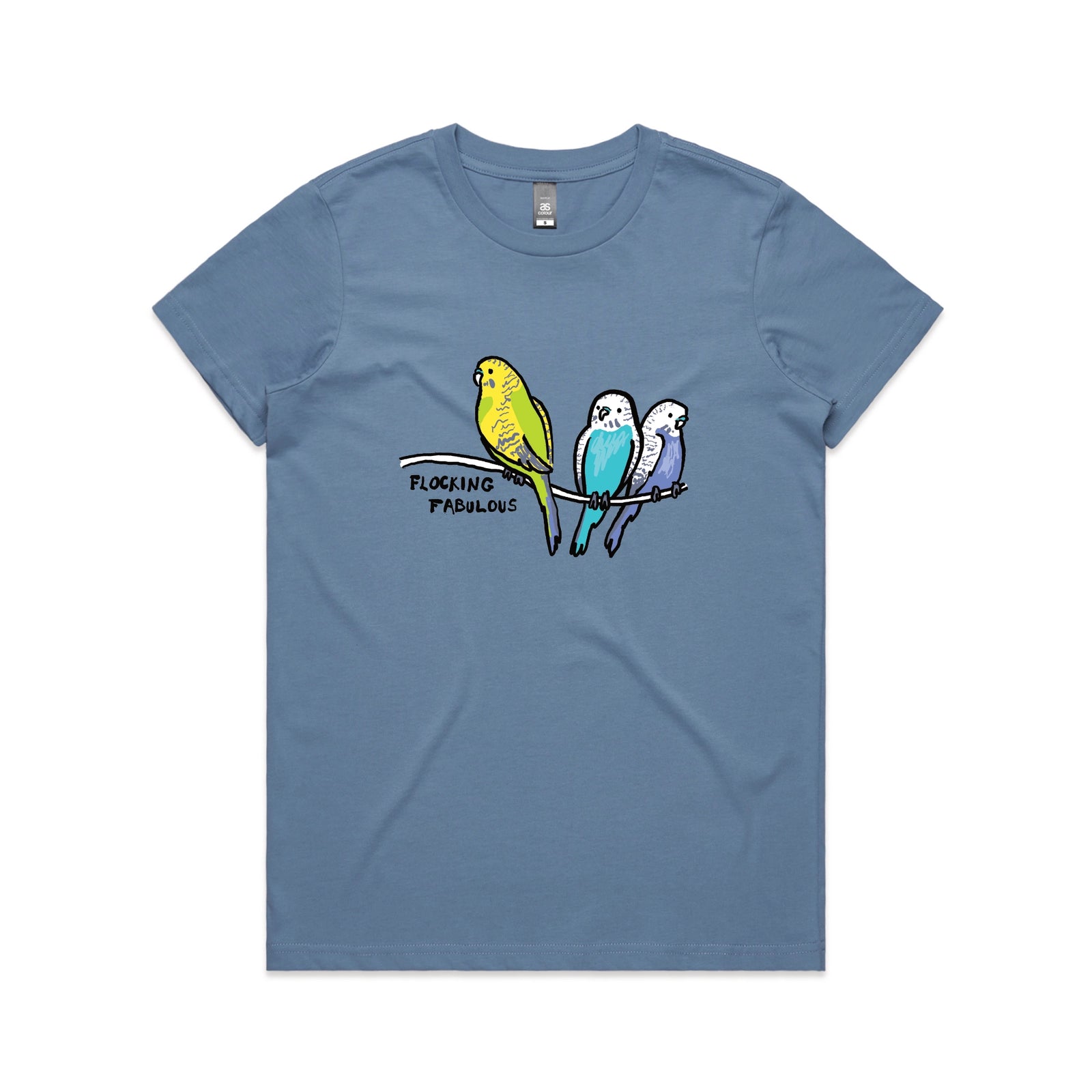 Carolina Blue fitted womens t-shirt with Flocking Fabulous graphic by Lonely Kids Club