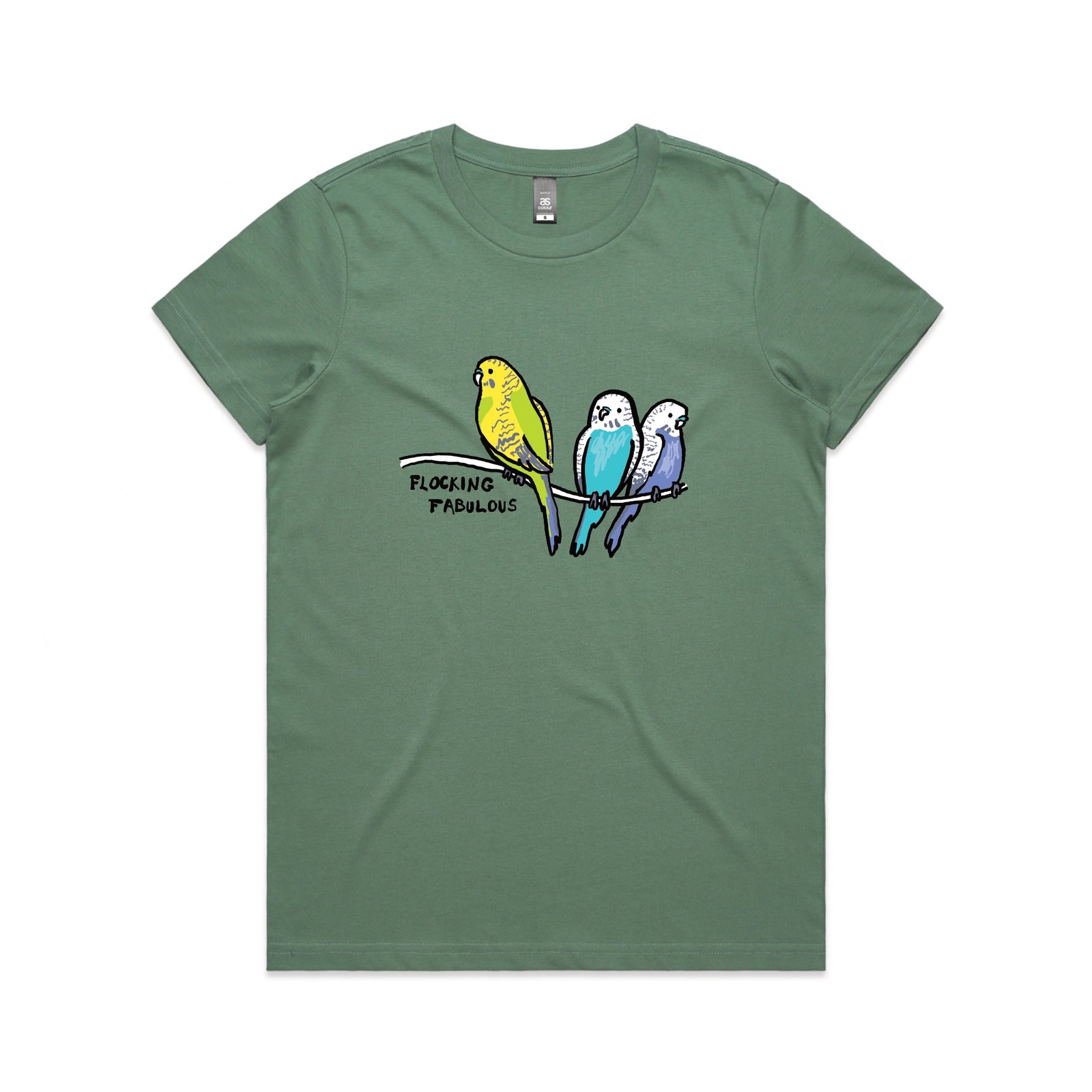 Sage fitted womens t-shirt with Flocking Fabulous graphic by Lonely Kids Club