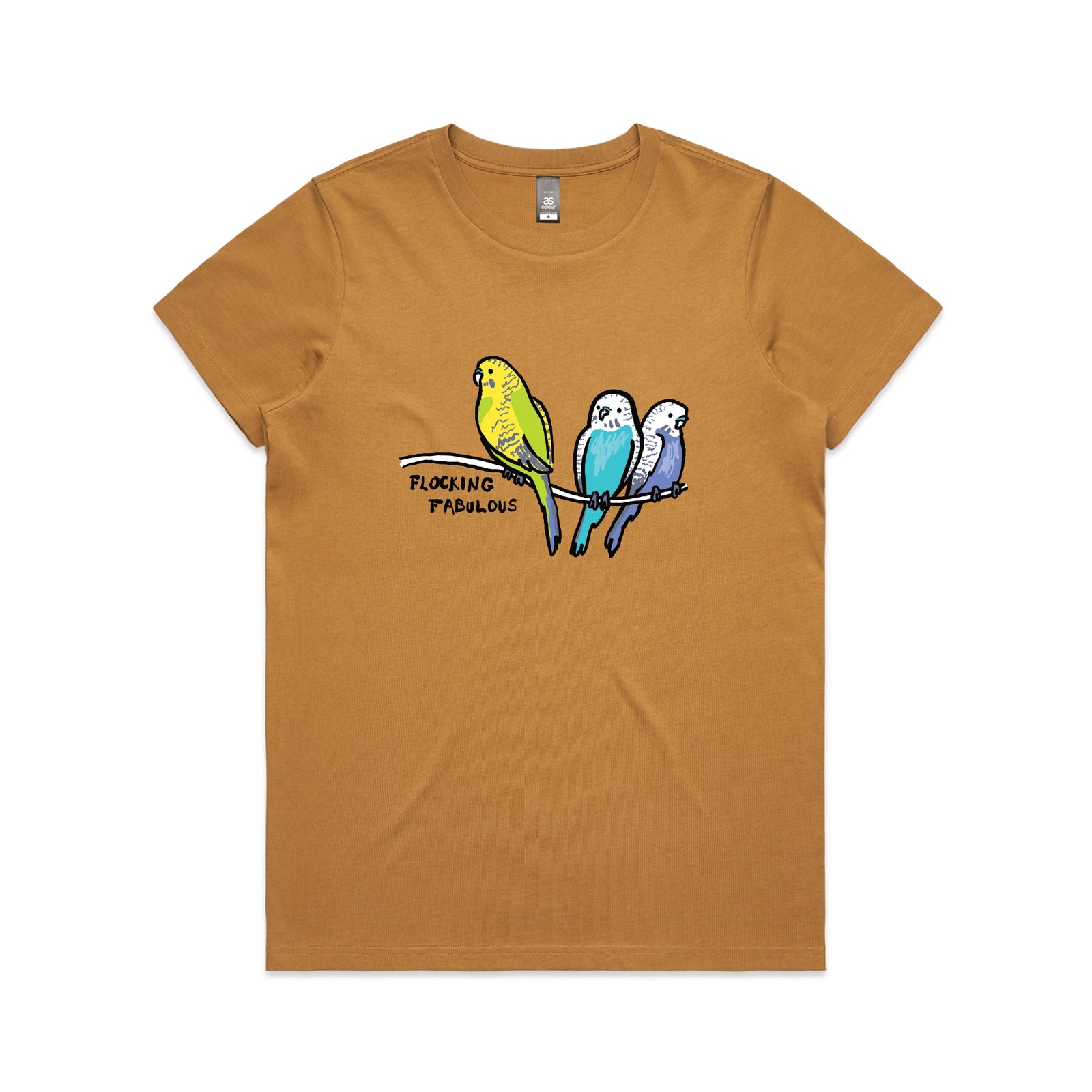 Camel fitted womens t-shirt with Flocking Fabulous graphic by Lonely Kids Club