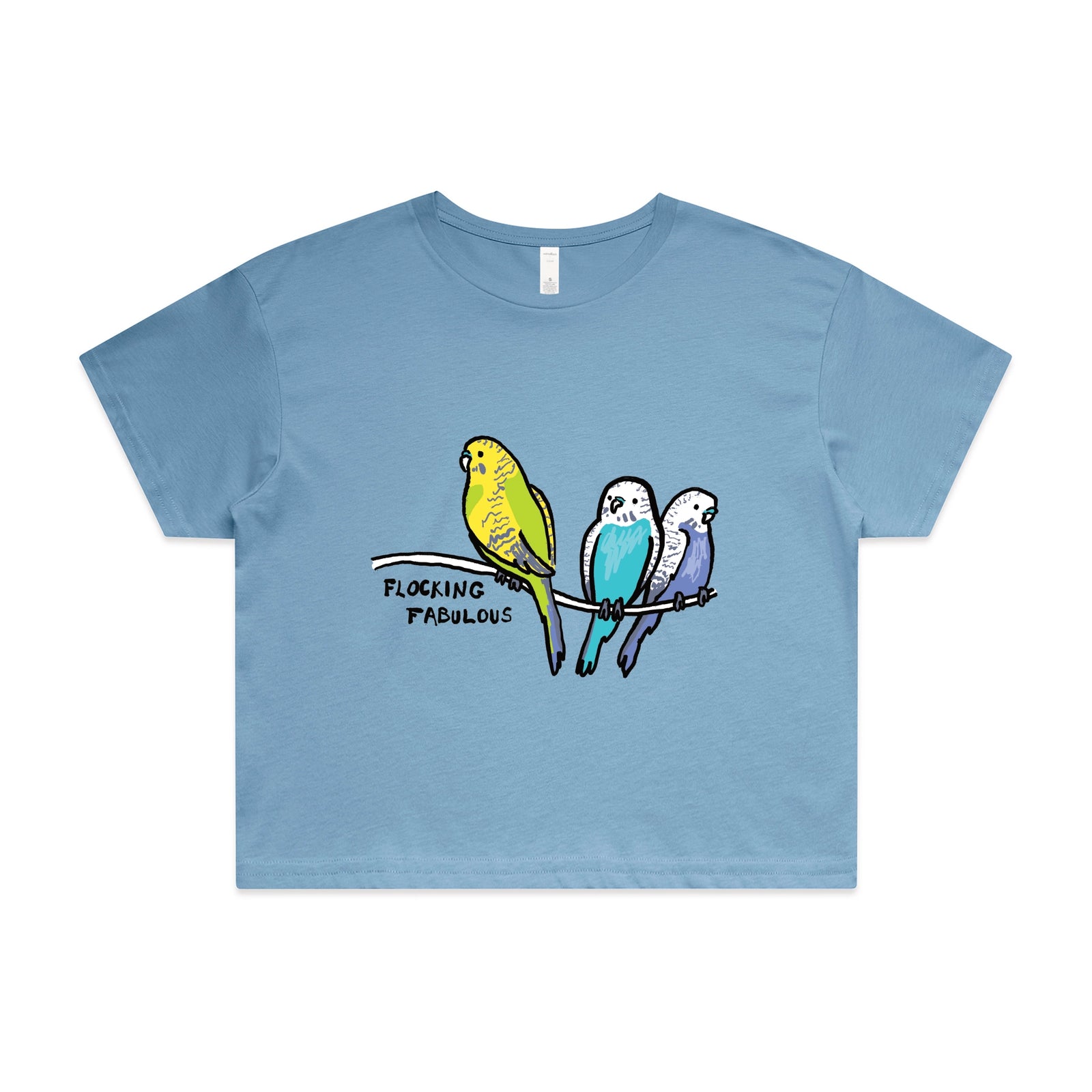Carolina Blue crop top with Flocking Fabulous graphic by Lonely Kids Club