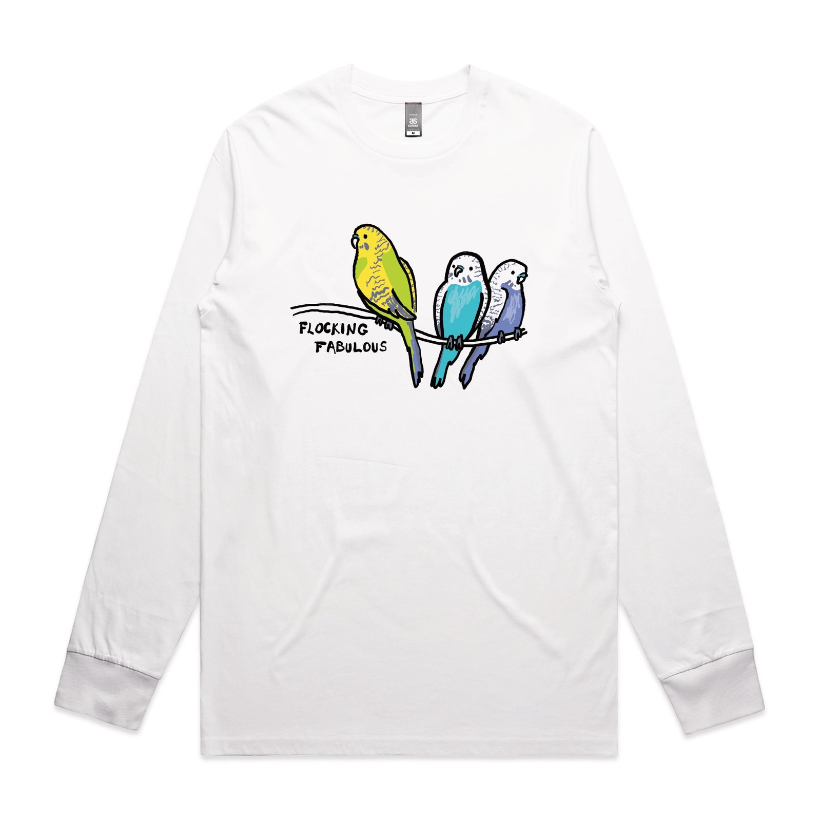 White long sleeve t-shirt with Flocking Fabulous graphic by Lonely Kids Club