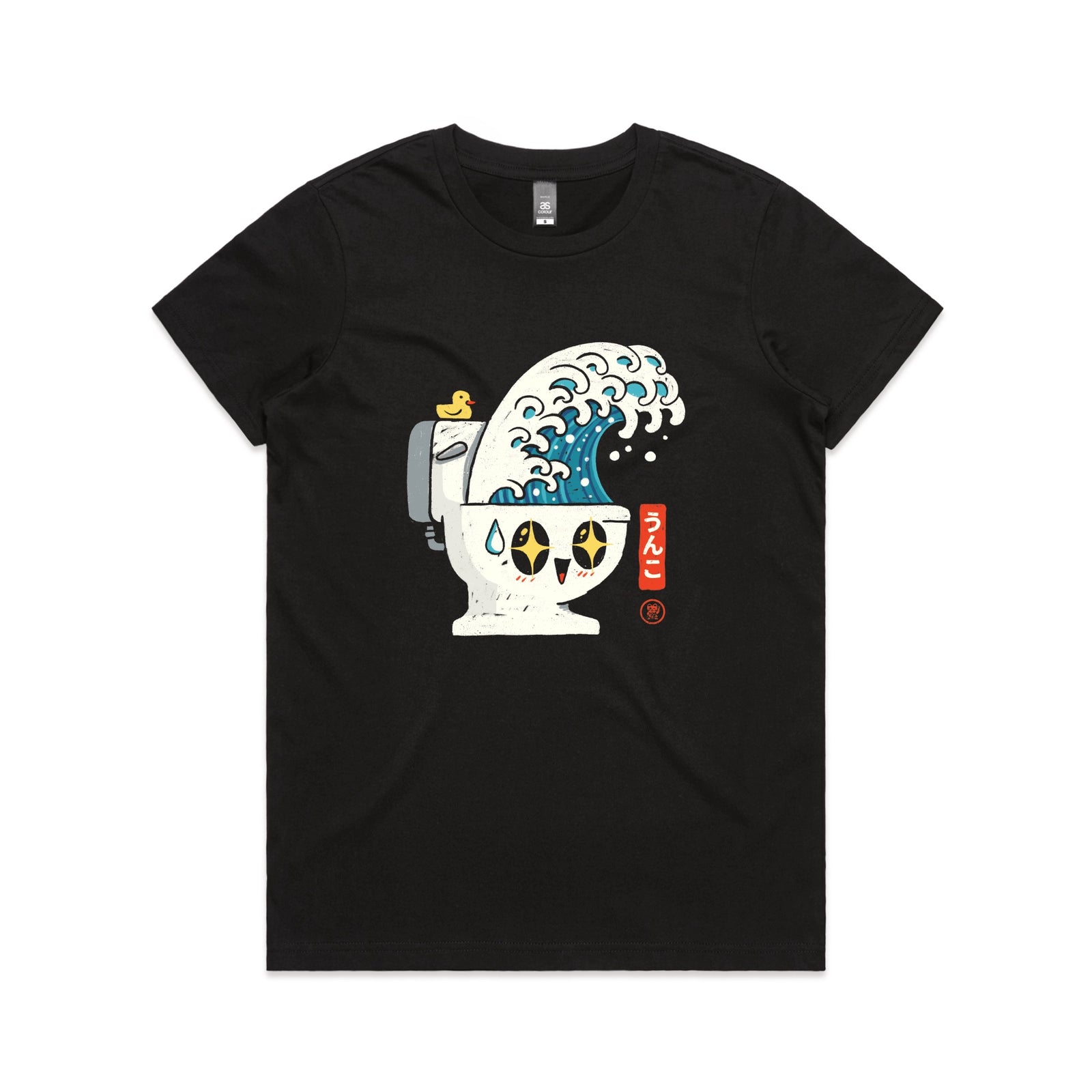 Black fitted womens t-shirt with The Great Flush graphic by Lonely Kids Club